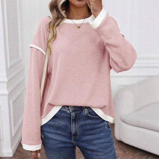Colorblock Crewneck Knit Look Long Sleeve Pullover Top
