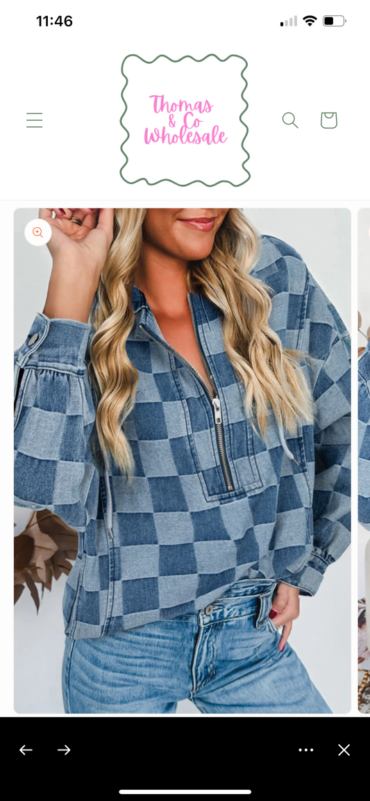 Blue Checkered Denim Hoodie