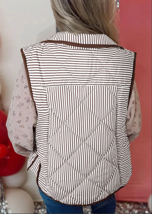 Stripe Snap Button Scalloped Hem Collared Vest