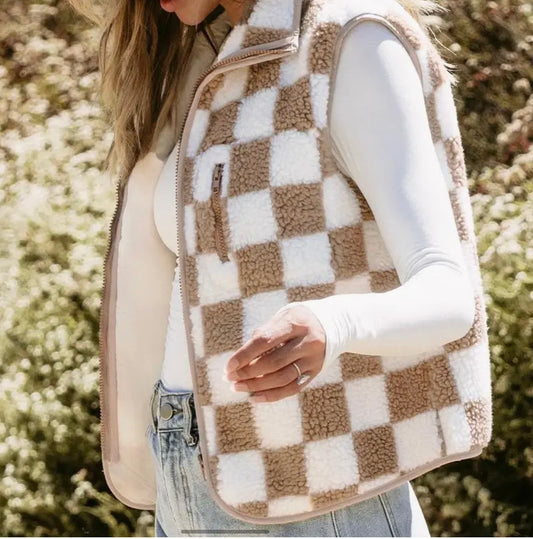 Khaki Checkered Sherpa Vest