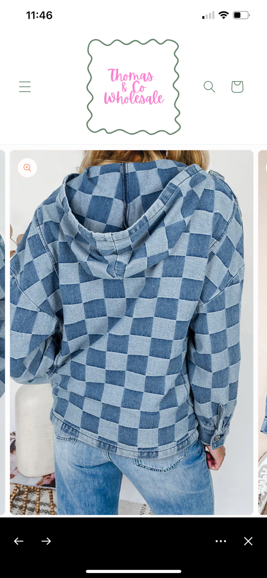 Blue Checkered Denim Hoodie