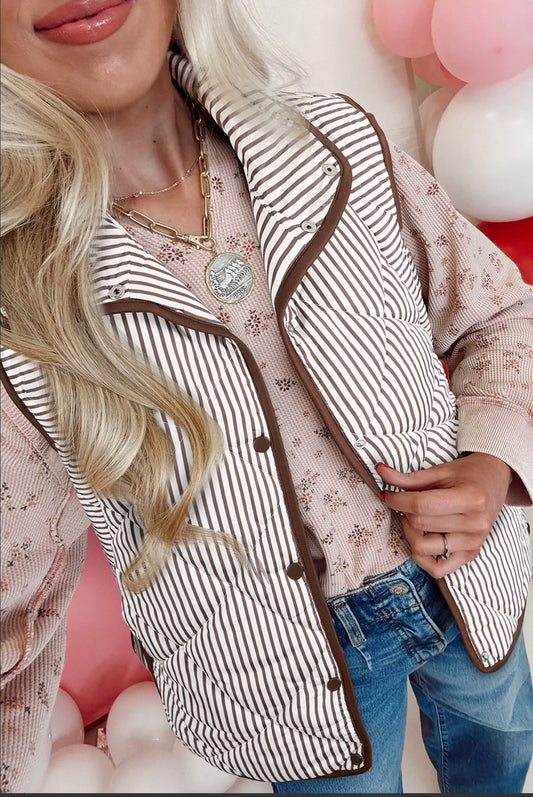 Stripe Snap Button Scalloped Hem Collared Vest