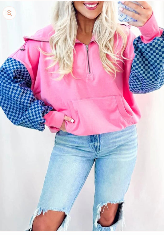 Pink Checkered Sleeve Hoodie