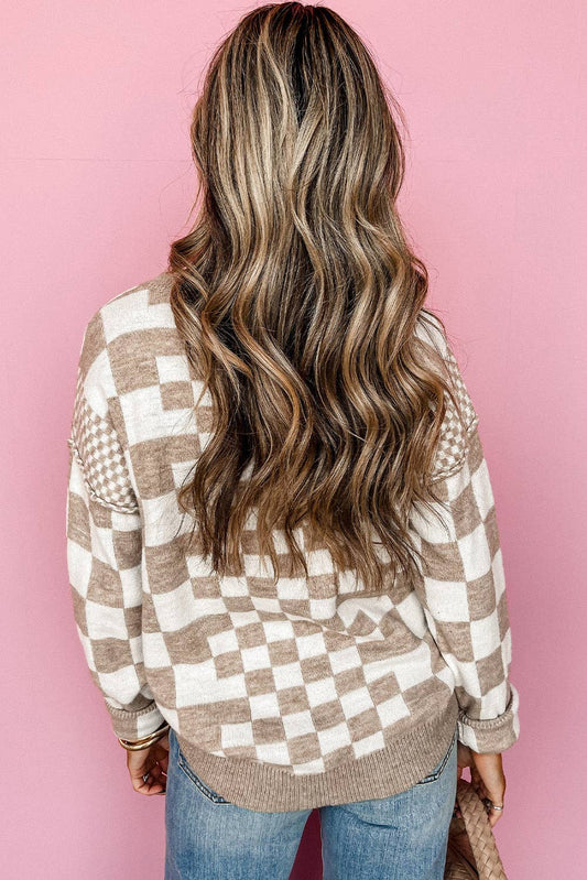 Khaki Checkered Print Drop Shoulder Round Neck Sweater
